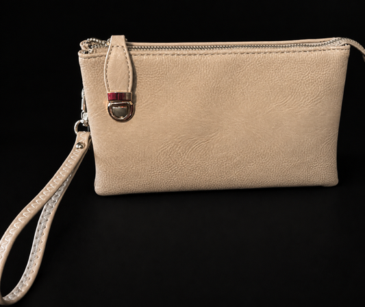 FIORE HANDBAG CROSS BODY OR WRISTLET  3 COMPARTMENTS WITH TOP ZIPPER  IN KHAKI